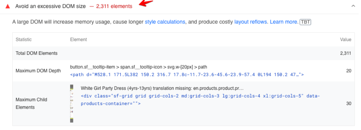 Lighthouse report showing a warning for an excessive DOM size (2,311 elements)